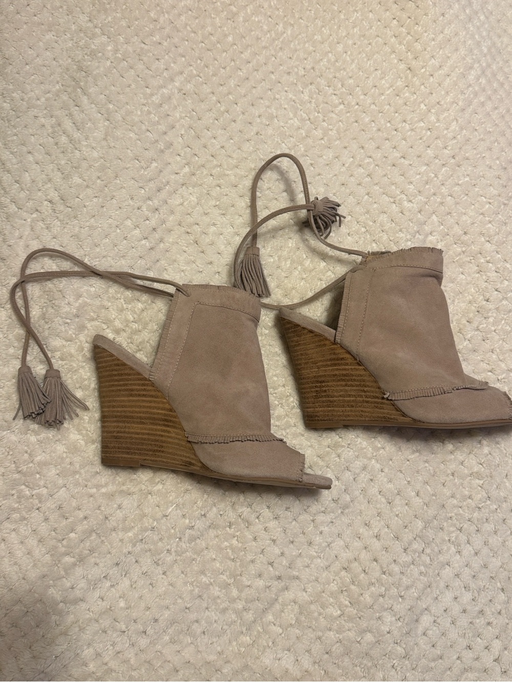 Suede Lace-Up Open-Toe Wedge Sandals in Taupe